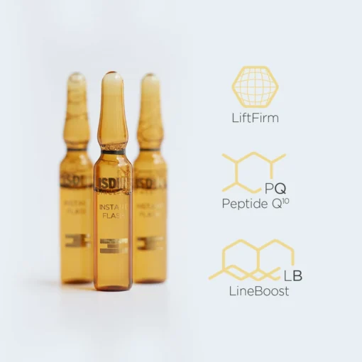 Ampoules ISDIN Instant Flash avec ingrédients LiftFirm, Peptide Q10 et LineBoost.