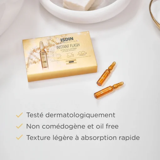 Ampoules ISDIN Instant Flash, testées dermatologiquement, non comédogènes et oil free.