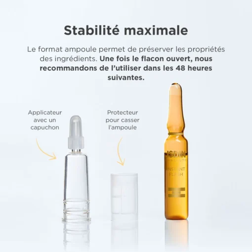 Présentation des éléments de l’ampoule ISDIN Instant Flash avec applicateur et protecteur pour casser l’ampoule.