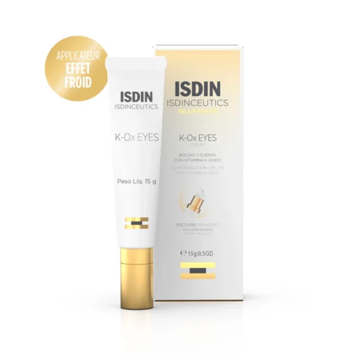 Flacon et boîte de la crème ISDIN K-Ox Eyes 15g pour poches et cernes.