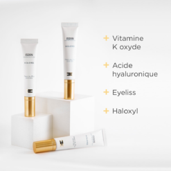 Crèmes ISDIN K-Ox Eyes avec des ingrédients comme la vitamine K oxyde et l'acide hyaluronique.