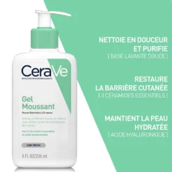 Gel moussant CeraVe pour peaux normales à grasses, nettoie et restaure la barrière cutanée
