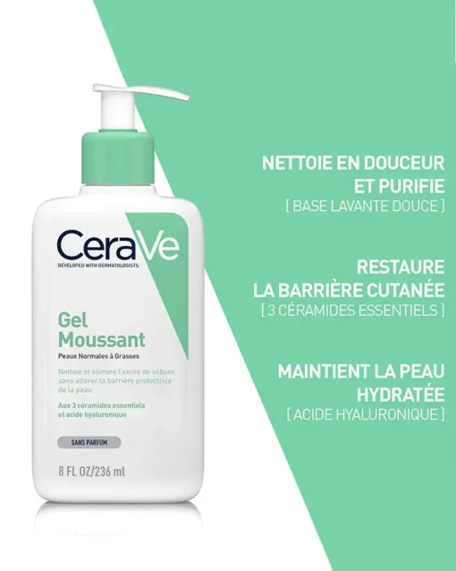 Gel moussant CeraVe pour peaux normales à grasses, nettoie et restaure la barrière cutanée