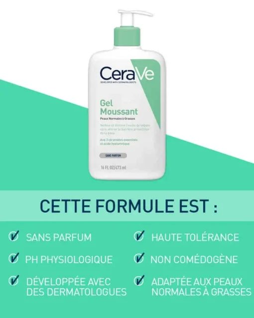 CeraVe Gel Moussant sans parfum et non comédogène, adapté aux peaux normales à grasses