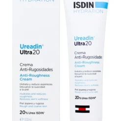 Crème anti-aspérités ISDIN Ureadin Ultra 20 pour peaux rugueuses, avec boîte et tube.