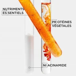 Nutriments essentiels, protéines végétales et niacinamide dans des tubes à essai.