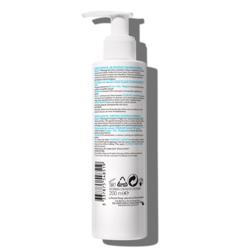 Étiquette arrière du gel La Roche-Posay Cicaplast Lavant B5 200 ml, avec instructions d'utilisation et composition.