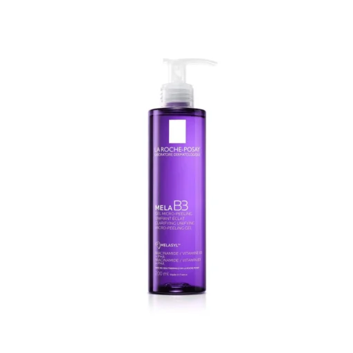 Gel micro-peeling Mela B3 de La Roche-Posay, flacon 200 ml, unifiant et éclatant.