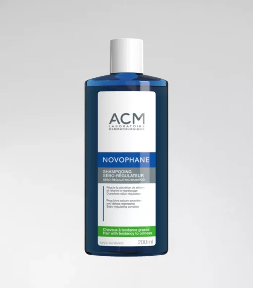 Flacon de shampoing sébo-régulateur ACM Novophane 200 ml pour cheveux gras.