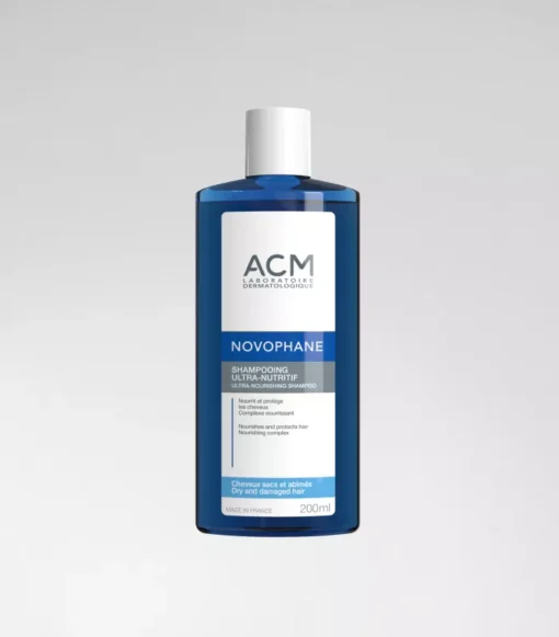 Flacon de shampoing ultra-nutritif ACM Novophane 200 ml pour cheveux secs.