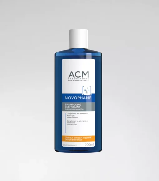 Flacon de shampoing énergisant ACM Novophane de 200 ml pour cheveux ternes.