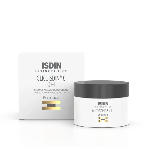 Boîte et pot de la crème Glicoisdin 8 Soft d'ISDIN avec effet peeling visible.