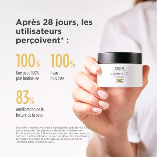 Résultats perçus après 28 jours d'utilisation de la crème Glicoisdin 8 Soft d'ISDIN, affichant une peau plus lumineuse et lisse.