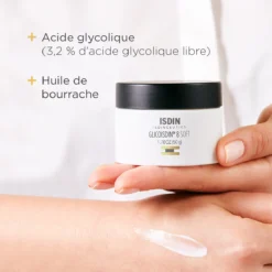 Pot de crème Glicoisdin 8 Soft d'ISDIN avec mention de la présence d'acide glycolique et d'huile de bourrache.