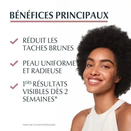 Les principaux bénéfices de Eucerin : réduit les taches brunes, peau uniforme et radieuse, premiers résultats visibles dès 2 semaines.