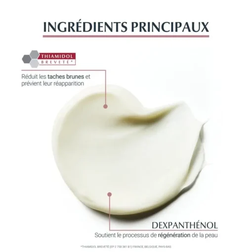 Les ingrédients principaux de Eucerin Anti-Pigment : Thiamidol et Dexpanthénol pour réduire les taches brunes et régénérer la peau.