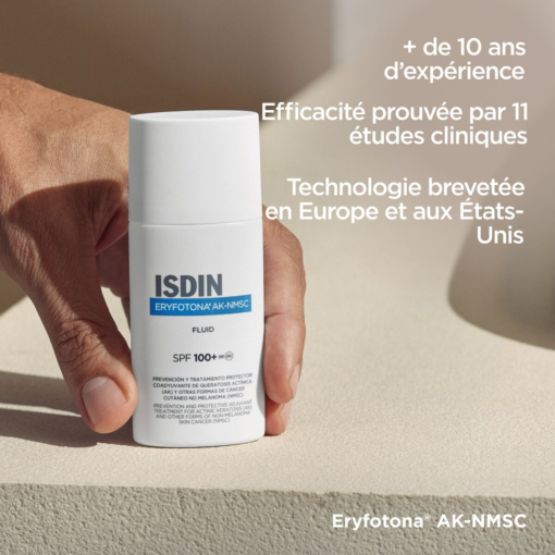 Flacon de ISDIN Eryfotona AK-NMSC avec 10 ans d'expérience et efficacité prouvée par 11 études cliniques.