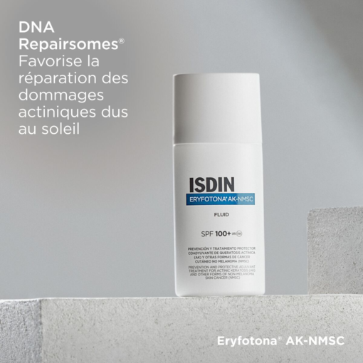 ISDIN Eryfotona AK-NMSC avec DNA Repairosomes pour réparer les dommages cutanés causés par le soleil.