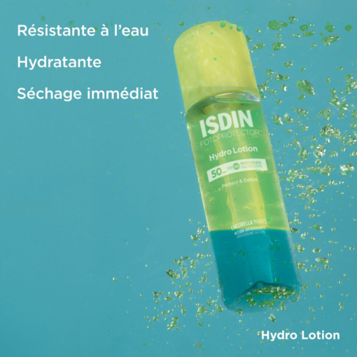 Flacon d'ISDIN Hydro Lotion résistant à l'eau et à séchage immédiat.