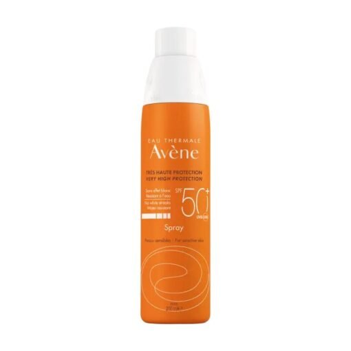 Spray solaire Avène SPF 50+ très haute protection pour peaux sensibles.