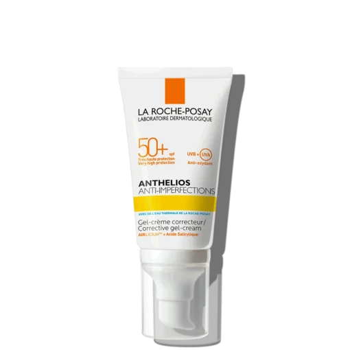 La Roche-Posay Anthelios Anti-Imperfections SPF 50+, gel-crème correcteur avec haute protection UVB-UVA et action anti-oxydante.