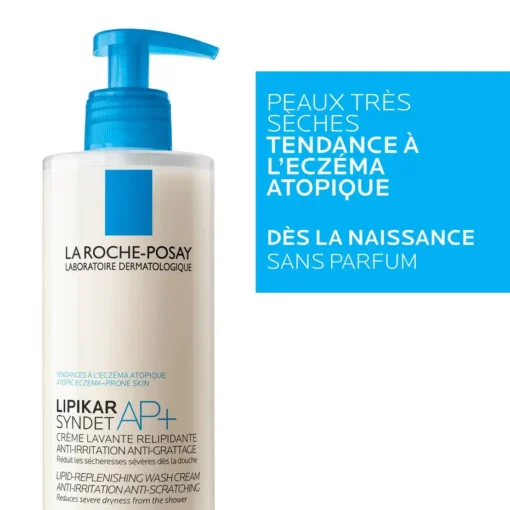 Crème lavante Lipikar Syndet AP+ sans parfum pour peaux très sèches à tendance eczéma.