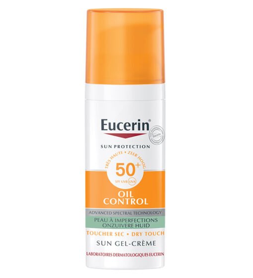 Gel-crème solaire Eucerin Oil Control SPF 50+ pour peaux à imperfections, avec toucher sec et protection UVA/UVB.