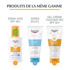 Spray enfants SPF 50+, après-soleil, et gel-crème toucher sec SPF 50+ de la gamme Eucerin Sensitive Protect.
