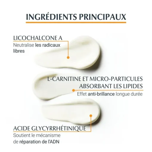 Ingrédients du gel-crème Eucerin SPF 50 : Licochalcone A, L-carnitine, et acide glycyrrhétinique pour un effet anti-brillance et la protection de l'ADN.