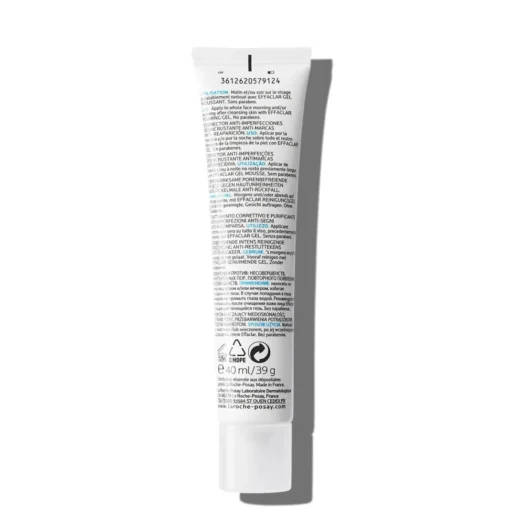 Étiquette arrière du tube La Roche-Posay Effaclar Duo+ 40 ml montrant les instructions d'utilisation et la composition du produit.